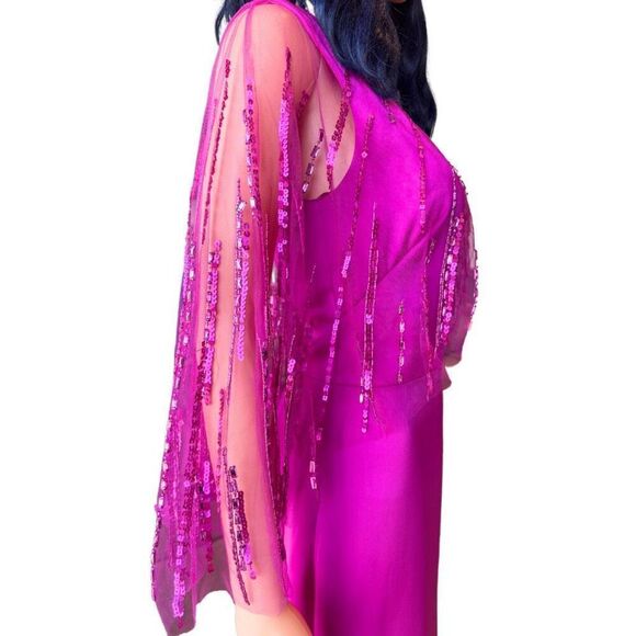 NWT Theia Magenta Satin Embellished Sequin Cape Evening Gown - Picture 6 of 8
